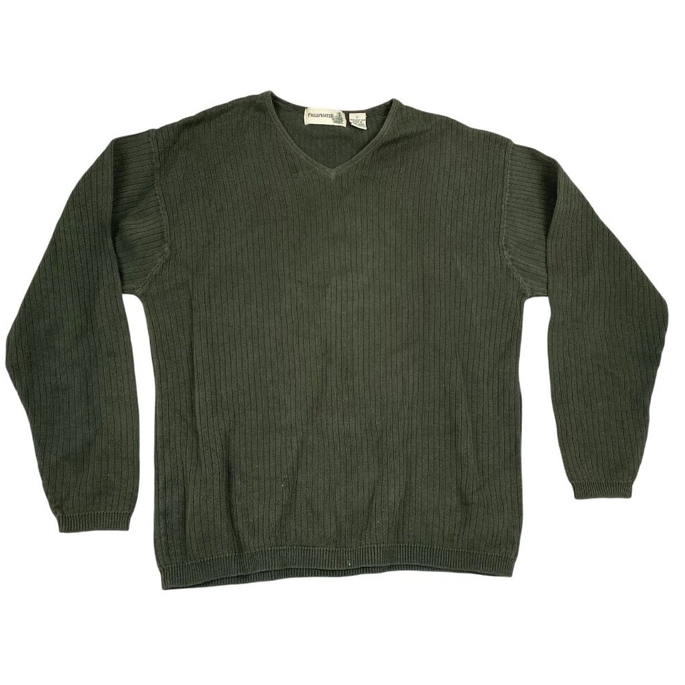Fieldmaster Men's V-Neck Sweater L Green Ribbed Knit 100% Cotton